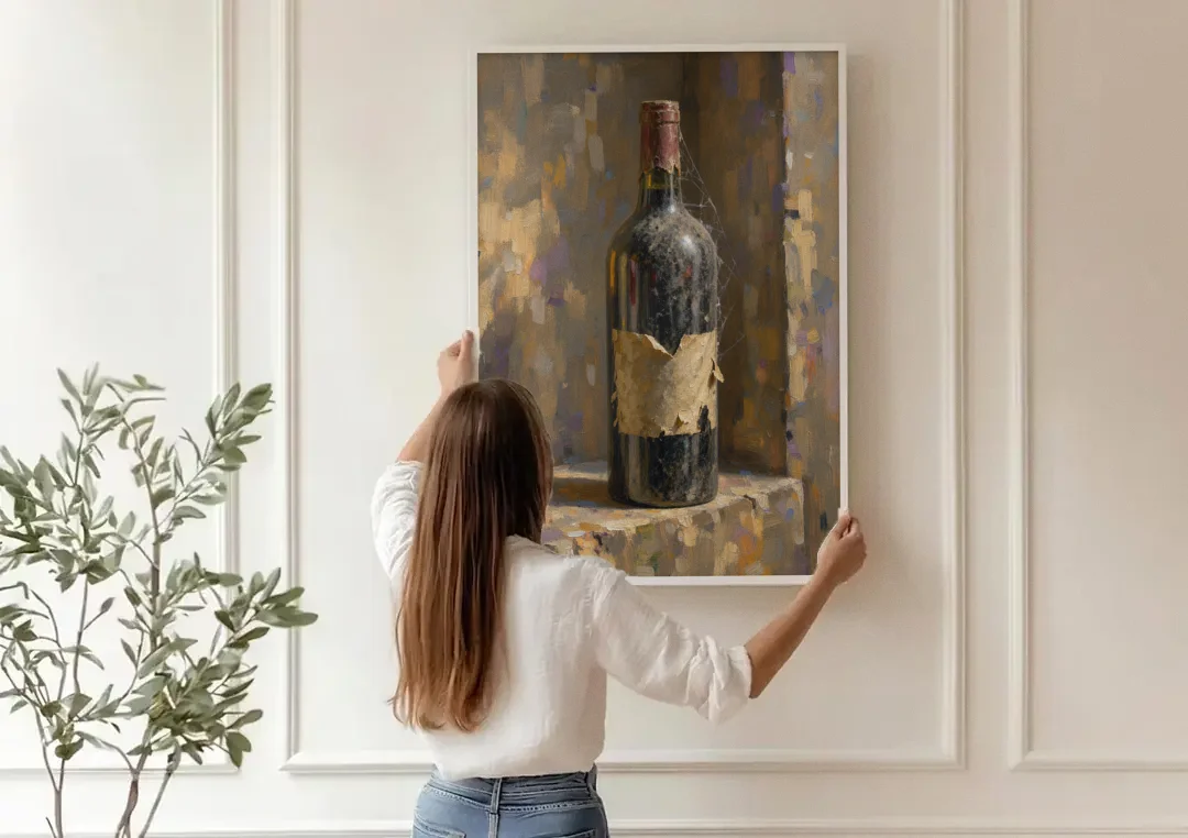 Vintage Wine Painting of a Dusty Cellar Bottle canvas wall art being hung on a paneled wall