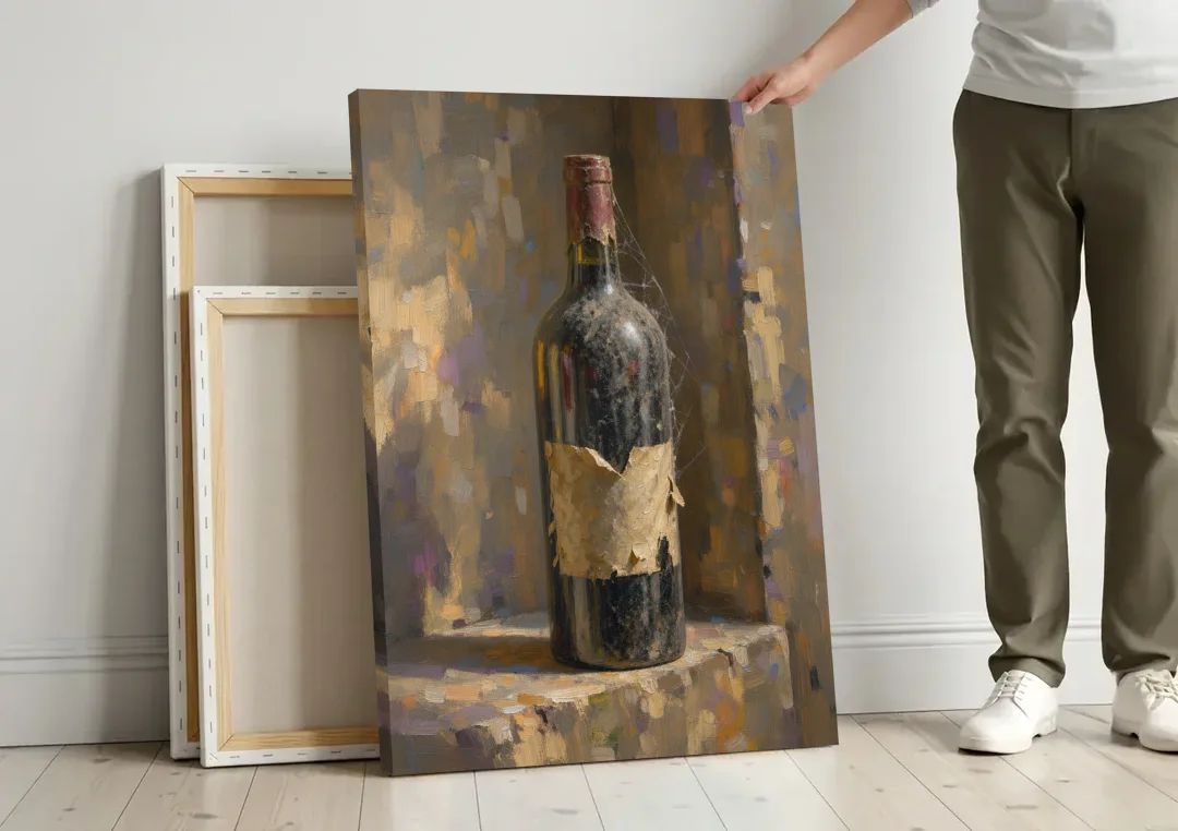 Vintage Wine Painting of a Dusty Cellar Bottle canvas wall art leaning against a wall next to blank canvases