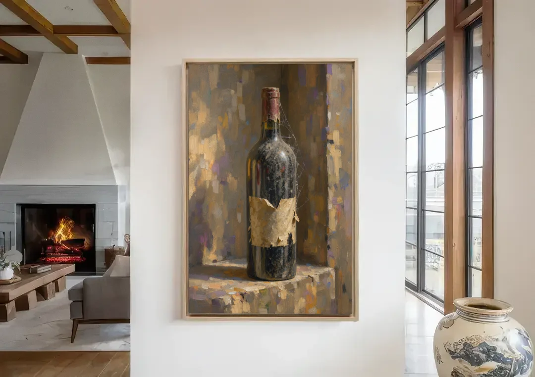 Vintage Wine Painting of a Dusty Cellar Bottle canvas wall art in a living room with a fireplace