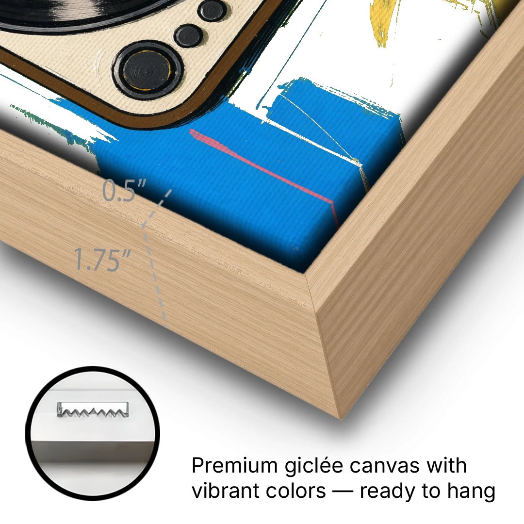 Vinyl Record Wall Art of a Turntable From Above - Oak Framed Canvas Wall Art - Gallery Wrap Corner