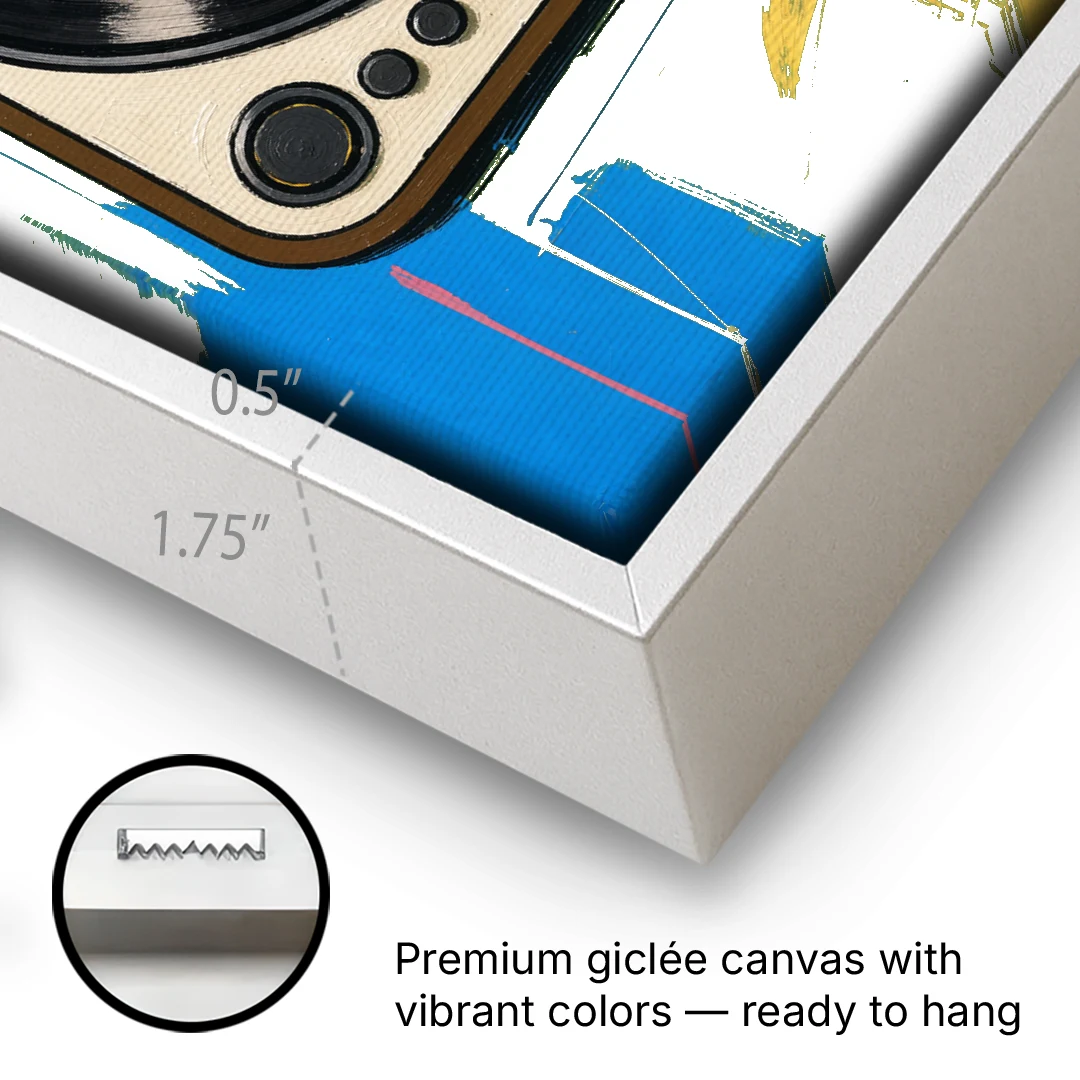Vinyl Record Wall Art of a Turntable From Above - White Framed Canvas Wall Art - Gallery Wrap Corner