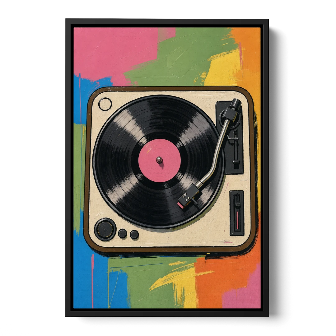 Vinyl Record Wall Art of a Turntable From Above - Black Framed Canvas Wall Art - Front
