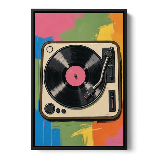 Vinyl Record Wall Art of a Turntable From Above - Black Framed Canvas Wall Art - Front