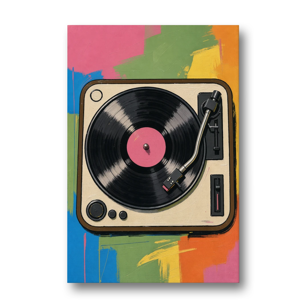 Vinyl Record Wall Art of a Turntable From Above - Canvas Wall Art - Front