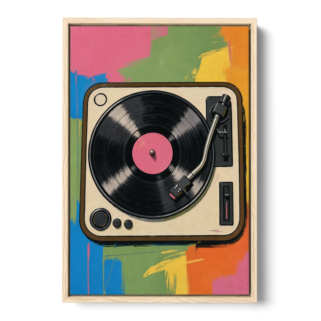 Vinyl Record Wall Art of a Turntable From Above - Oak Framed Canvas Wall Art - Front