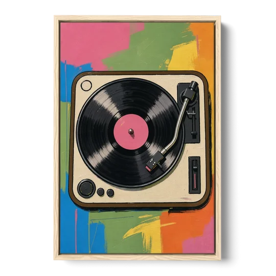 Vinyl Record Wall Art of a Turntable From Above - Oak Framed Canvas Wall Art - Front