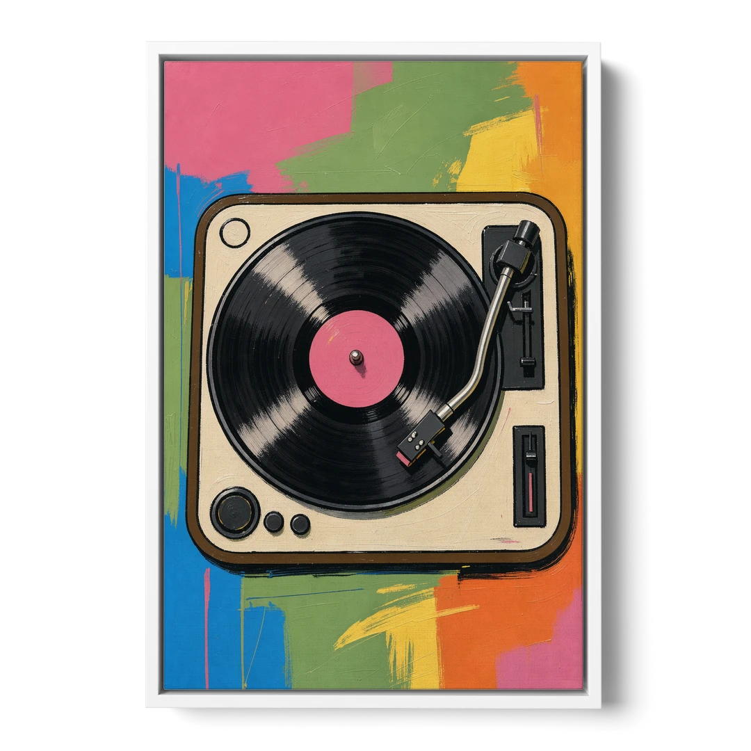 Vinyl Record Wall Art of a Turntable From Above - White Framed Canvas Wall Art - Front