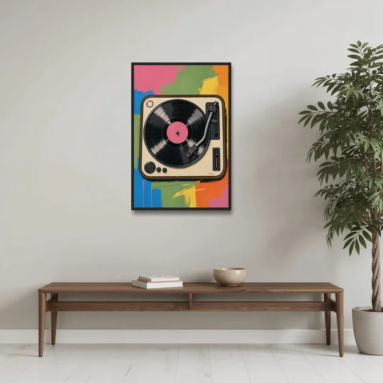 Vinyl Record Wall Art of a Turntable From Above - Black Framed Canvas Wall Art - Coffee Table - 24x36