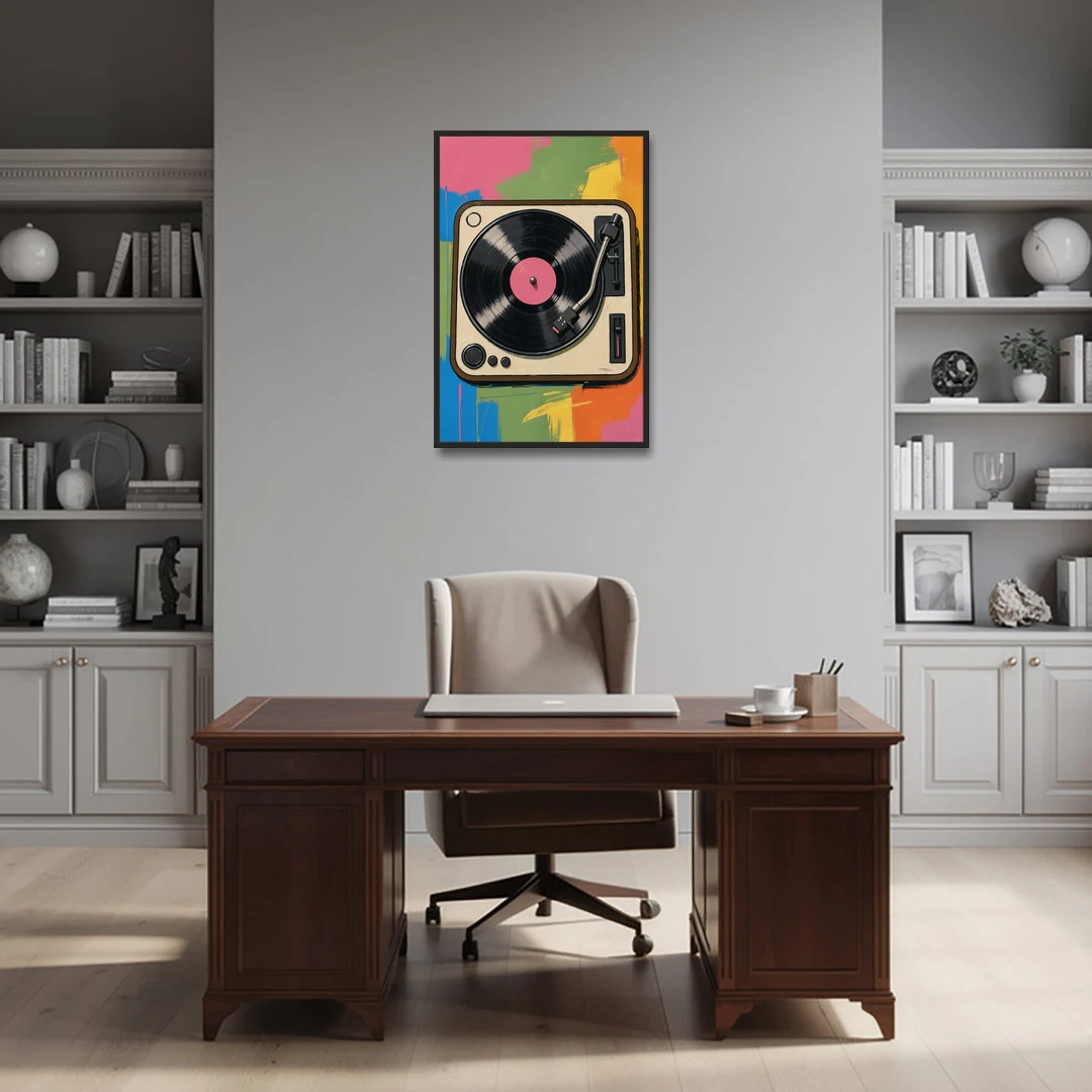 Vinyl Record Wall Art of a Turntable From Above - Black Framed Canvas Wall Art - Office - 24x36