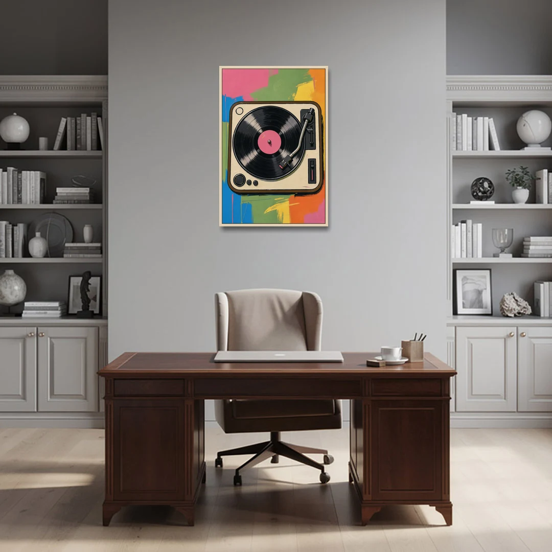 Vinyl Record Wall Art of a Turntable From Above - Oak Framed Canvas Wall Art - Office - 24x36