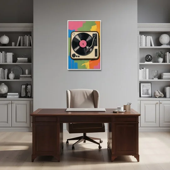 Vinyl Record Wall Art of a Turntable From Above - White Framed Canvas Wall Art - Office - 24x36