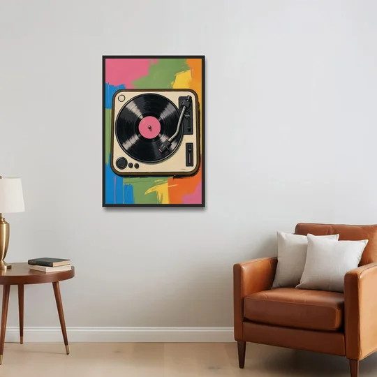 Vinyl Record Wall Art of a Turntable From Above - Black Framed Canvas Wall Art - Sofa - 24x36