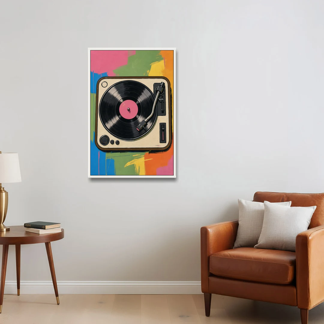 Vinyl Record Wall Art of a Turntable From Above - White Framed Canvas Wall Art - Sofa - 24x36