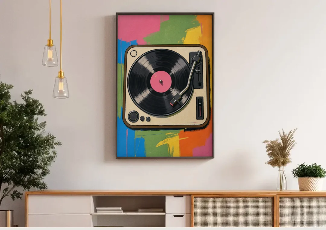 Vinyl Record Wall Art of a Turntable From Above canvas wall art above a wooden sideboard under pendant lights
