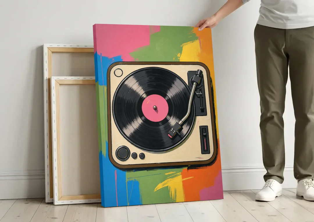 Vinyl Record Wall Art of a Turntable From Above canvas wall art leaning against a wall next to blank canvases