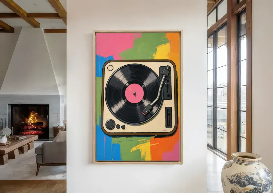 Vinyl Record Wall Art of a Turntable From Above canvas wall art in a living room with a fireplace