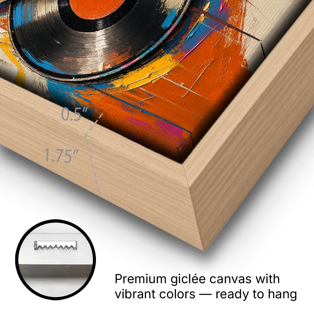 Vinyl Records Painting in a Tilted Stack - Oak Framed Canvas Wall Art - Gallery Wrap Corner