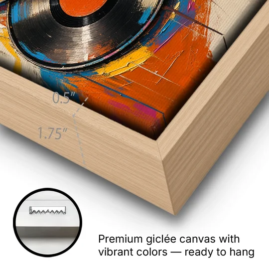 Vinyl Records Painting in a Tilted Stack - Oak Framed Canvas Wall Art - Gallery Wrap Corner