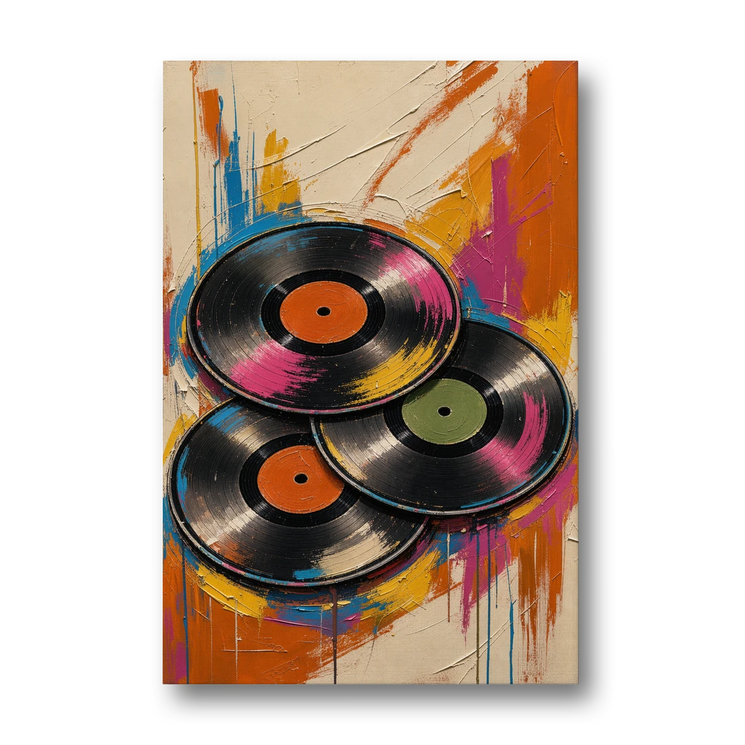 Vinyl Records Painting in a Tilted Stack - Canvas Wall Art - Front
