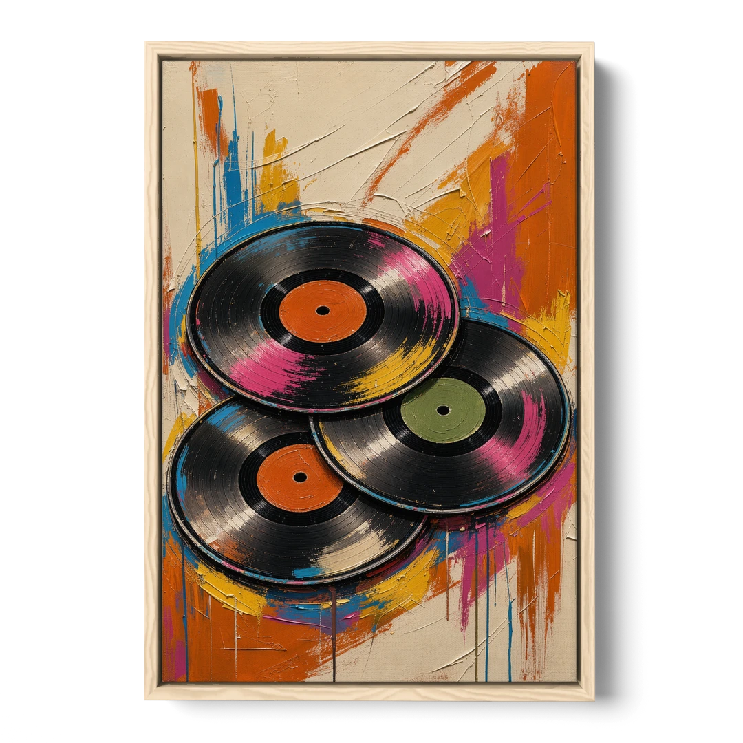 Vinyl Records Painting in a Tilted Stack - Oak Framed Canvas Wall Art - Front