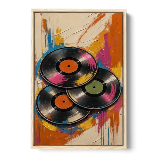 Vinyl Records Painting in a Tilted Stack - Oak Framed Canvas Wall Art - Front