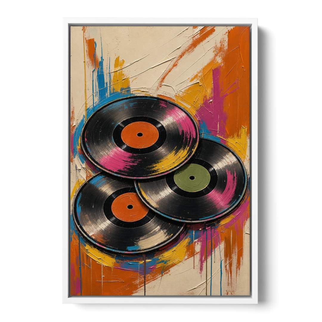 Vinyl Records Painting in a Tilted Stack - White Framed Canvas Wall Art - Front