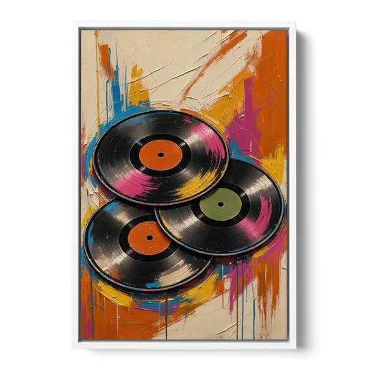 Vinyl Records Painting in a Tilted Stack - White Framed Canvas Wall Art - Front
