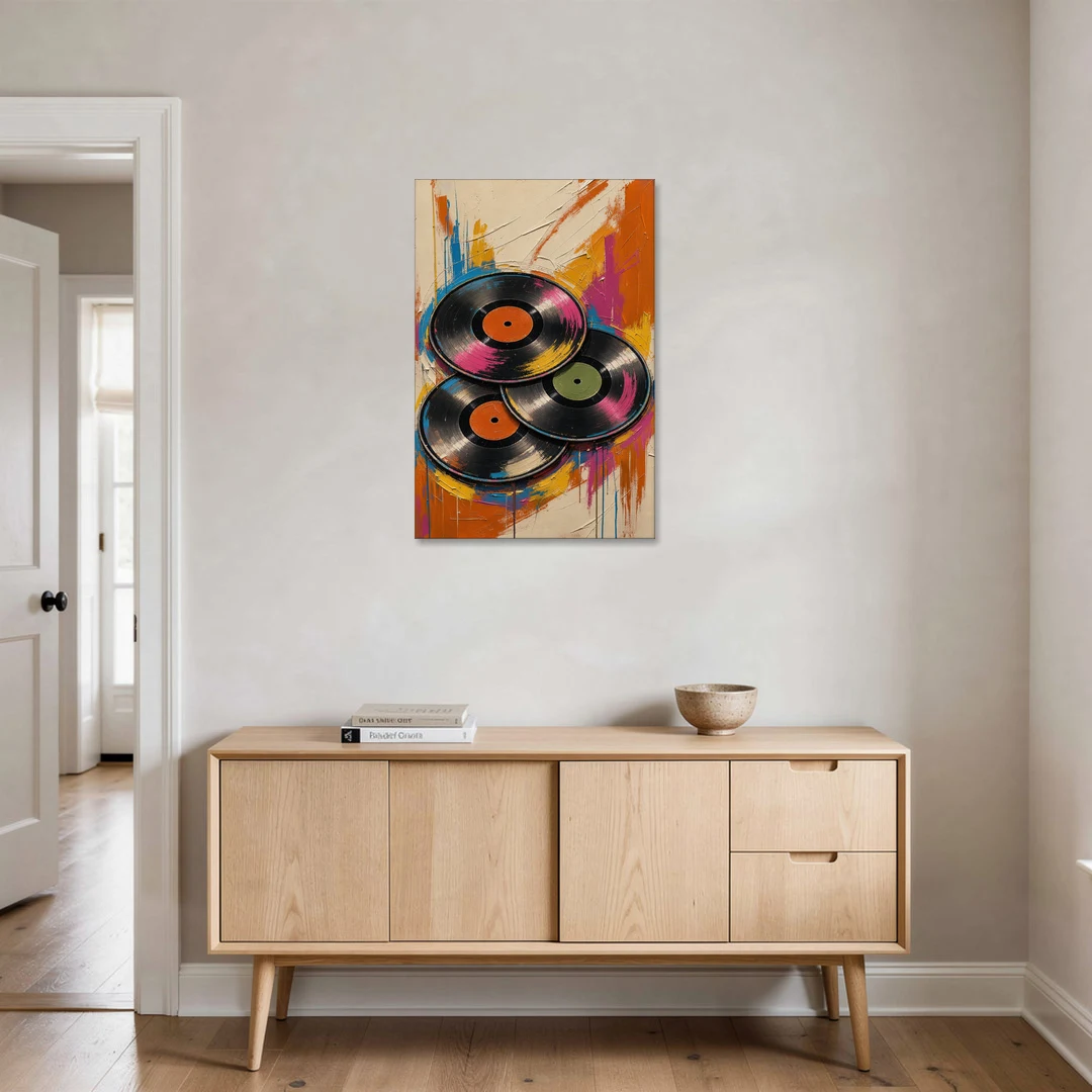 Vinyl Records Painting in a Tilted Stack - Canvas Wall Art - Coffee Table - 24x36