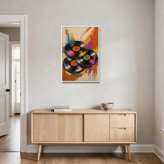 Vinyl Records Painting in a Tilted Stack - White Framed Canvas Wall Art - Coffee Table - 24x36