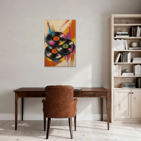 Vinyl Records Painting in a Tilted Stack - Canvas Wall Art - Office - 24x36