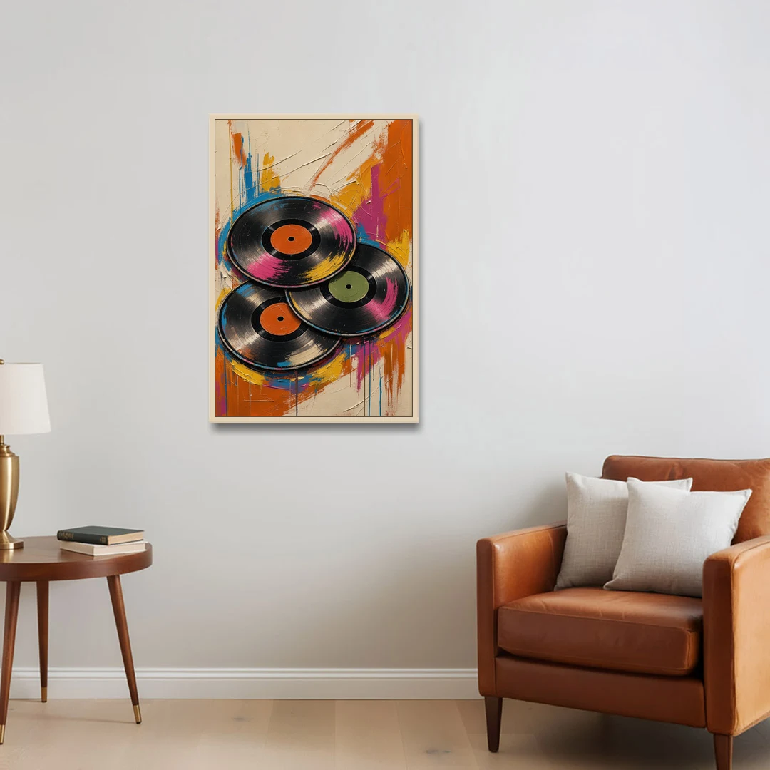 Vinyl Records Painting in a Tilted Stack - Oak Framed Canvas Wall Art - Sofa - 24x36