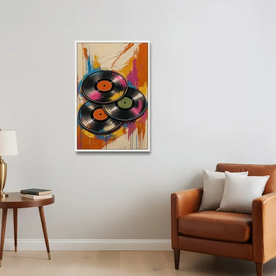 Vinyl Records Painting in a Tilted Stack - White Framed Canvas Wall Art - Sofa - 24x36
