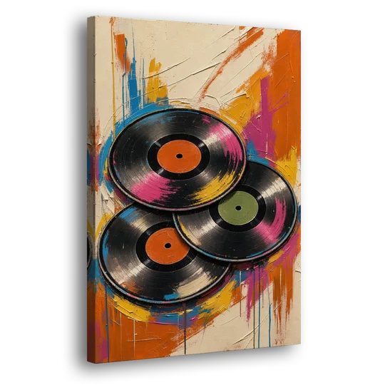 Vinyl Records Painting in a Tilted Stack - Canvas Wall Art - Side