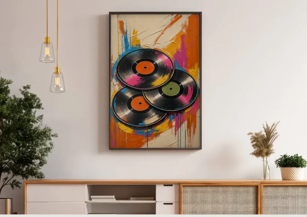 Vinyl Records Painting in a Tilted Stack canvas wall art above a wooden sideboard under pendant lights