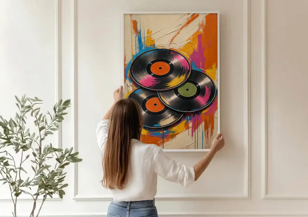 Vinyl Records Painting in a Tilted Stack canvas wall art being hung on a paneled wall
