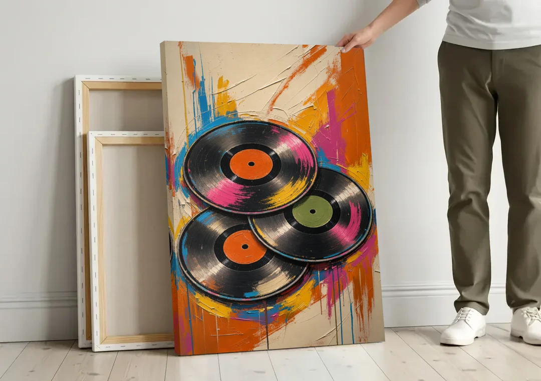 Vinyl Records Painting in a Tilted Stack canvas wall art leaning against a wall next to blank canvases