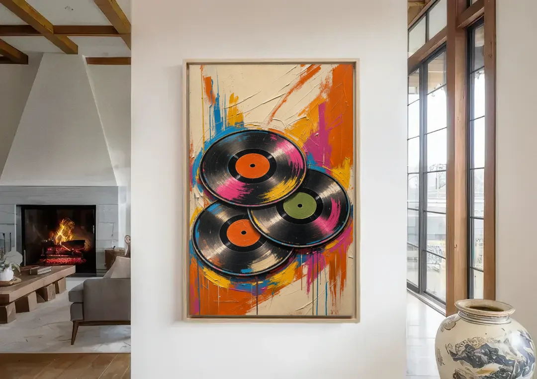 Vinyl Records Painting in a Tilted Stack canvas wall art in a living room with a fireplace
