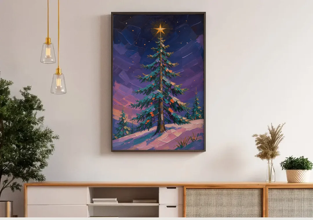 Holiday Violet Night Fir with Golden Star canvas wall art above a wooden sideboard under pendant lights