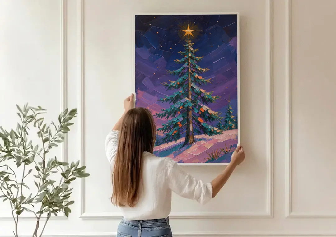 Holiday Violet Night Fir with Golden Star canvas wall art being hung on a paneled wall