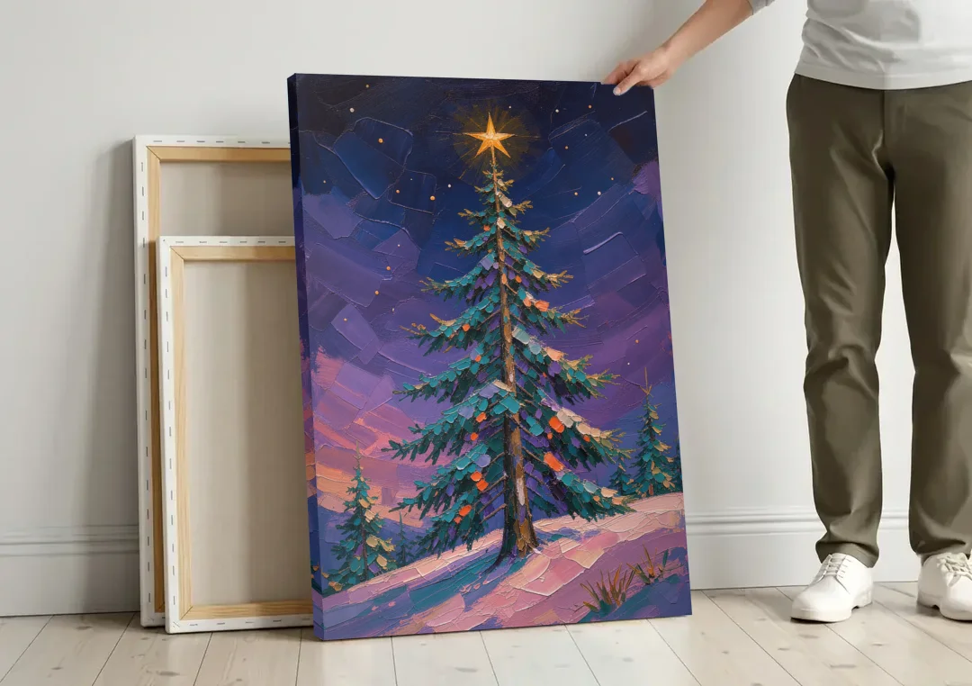 Holiday Violet Night Fir with Golden Star canvas wall art leaning against a wall next to blank canvases