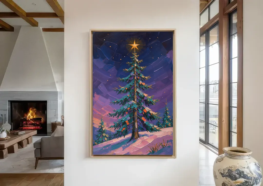 Holiday Violet Night Fir with Golden Star canvas wall art in a living room with a fireplace