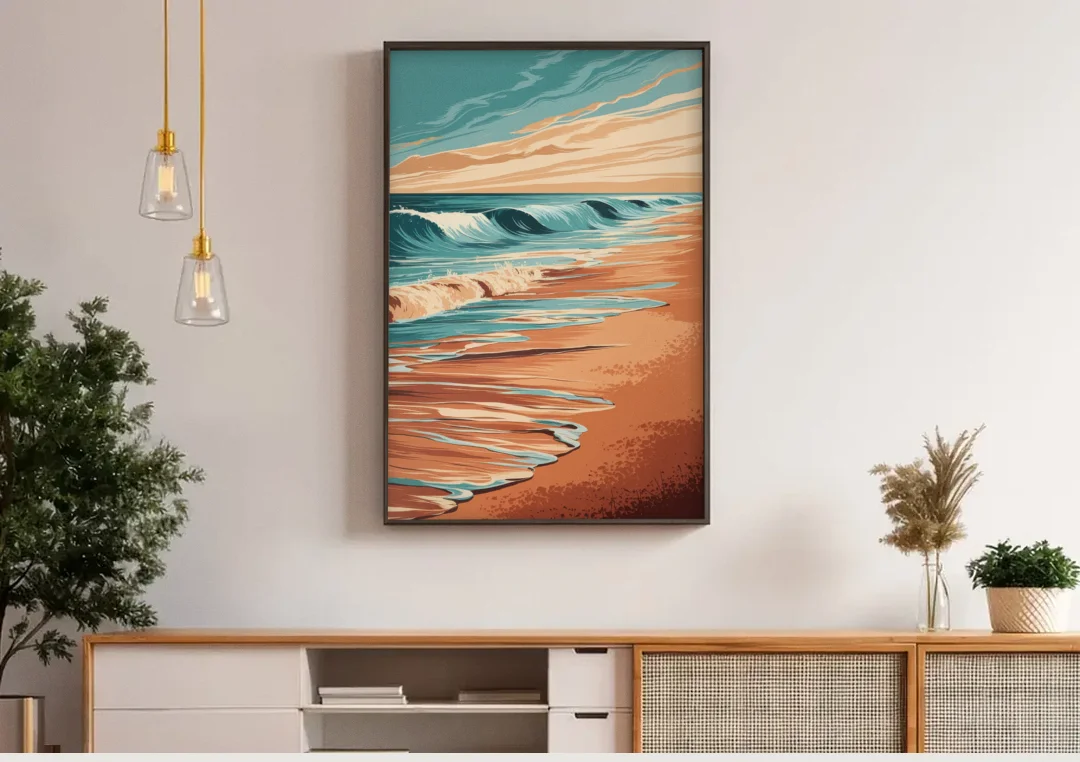 Virginia Beach Atlantic Waves canvas wall art above a wooden sideboard under pendant lights