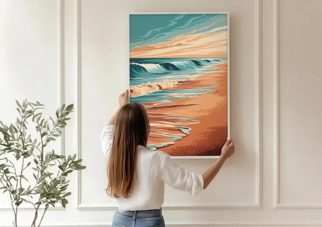 Virginia Beach Atlantic Waves canvas wall art being hung on a paneled wall