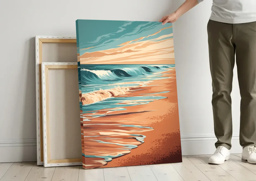 Virginia Beach Atlantic Waves canvas wall art leaning against a wall next to blank canvases