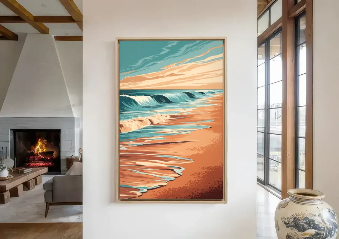 Virginia Beach Atlantic Waves canvas wall art in a living room with a fireplace