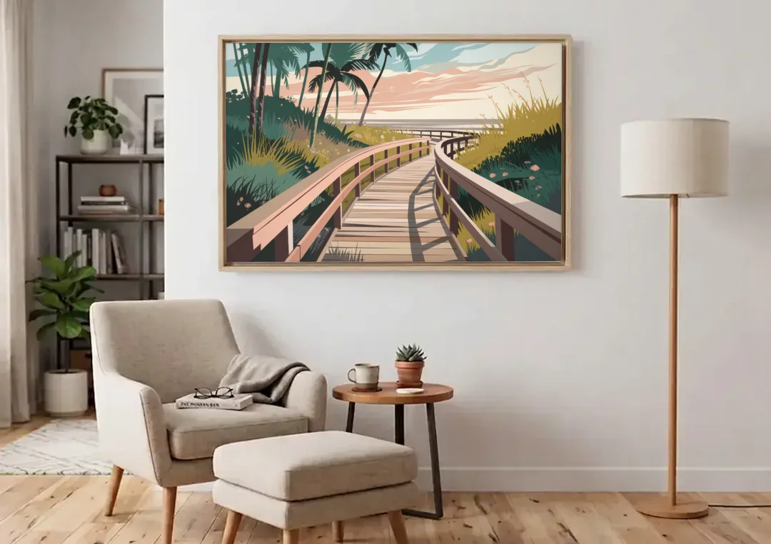 Virginia Beach Boardwalk Bliss canvas wall art above an armchair in a bright living room