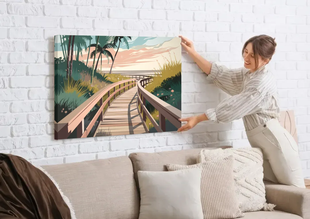Virginia Beach Boardwalk Bliss canvas wall art being hung on a white brick wall above a sofa