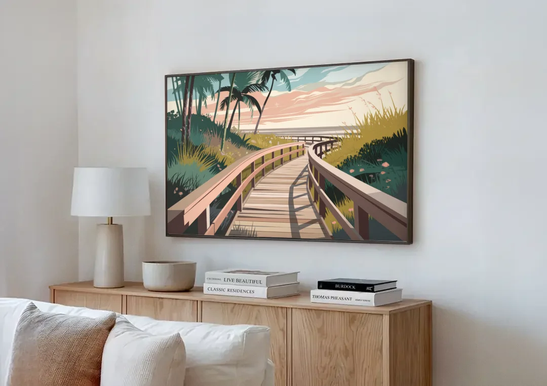 Virginia Beach Boardwalk Bliss canvas wall art above a wooden sideboard next to a sofa