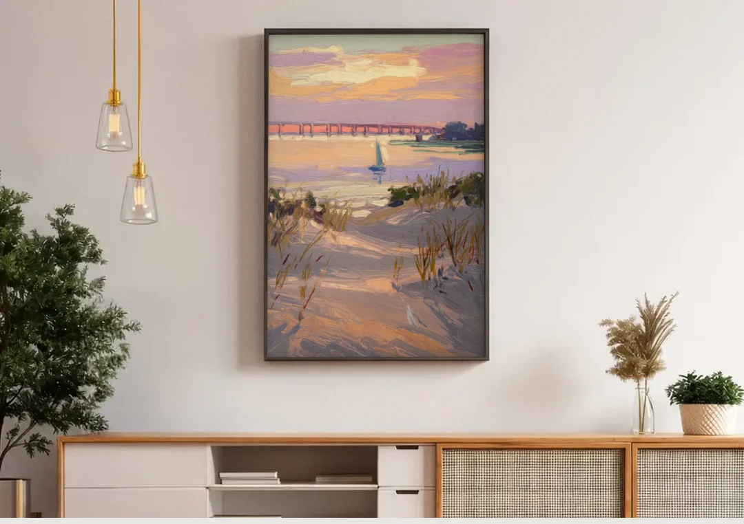 Virginia Beach Chesapeake Bay Views canvas wall art above a wooden sideboard under pendant lights