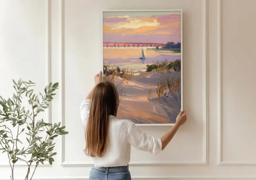 Virginia Beach Chesapeake Bay Views canvas wall art being hung on a paneled wall